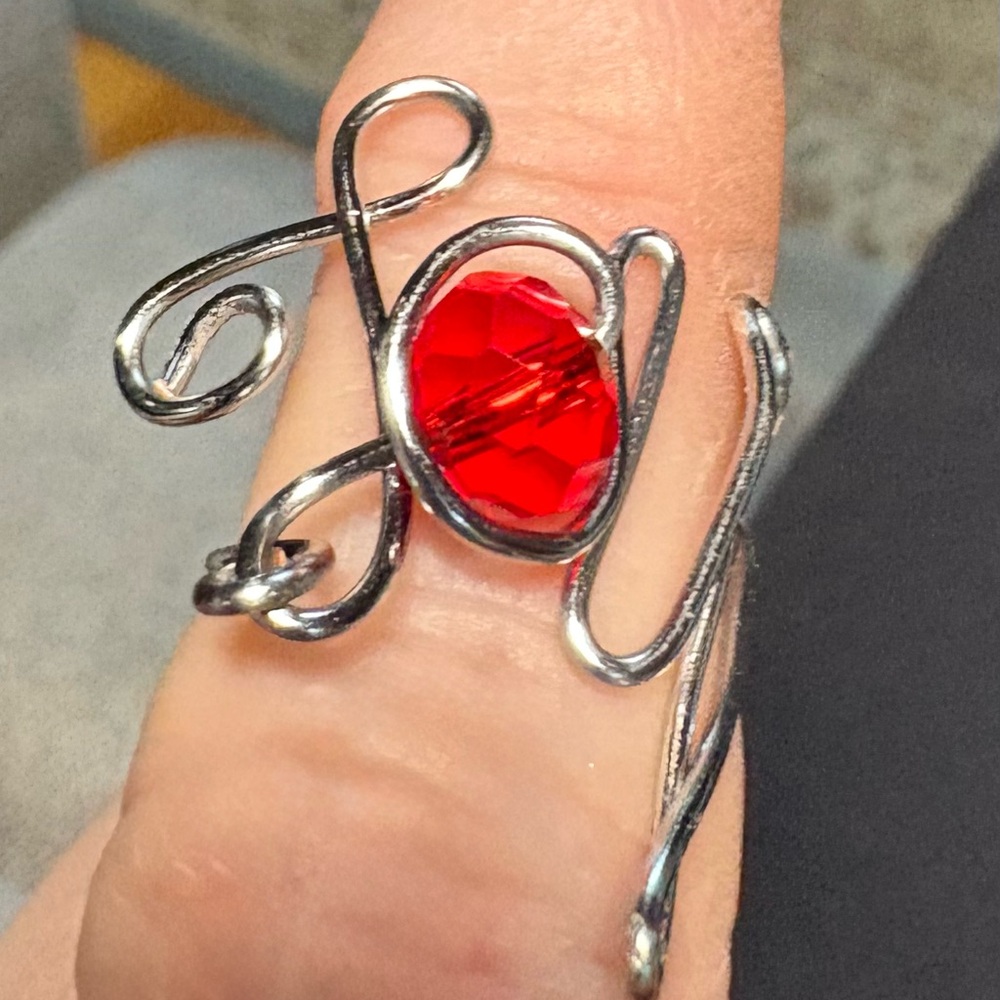 Silver Wire JOY Ring with Red Gemstone